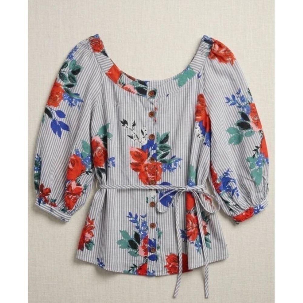 Maeve Anthropologie Floral Stripe Peplum Blouse Womens 10 Puff Sleeve Tie Waist